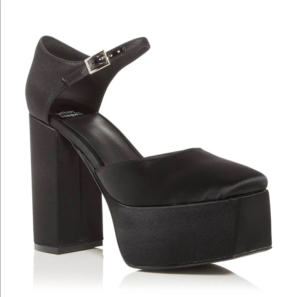 LIKE NEW Jeffrey Campbell OVR N OUT black satin platforms